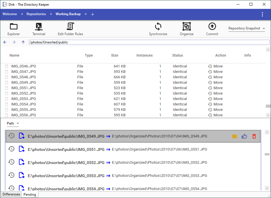 Screenshot showing files that were organized by Dirk and are ready to be moved