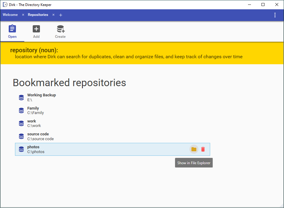 Screenshot showing multiple managed repositories bookmarked within Dirk